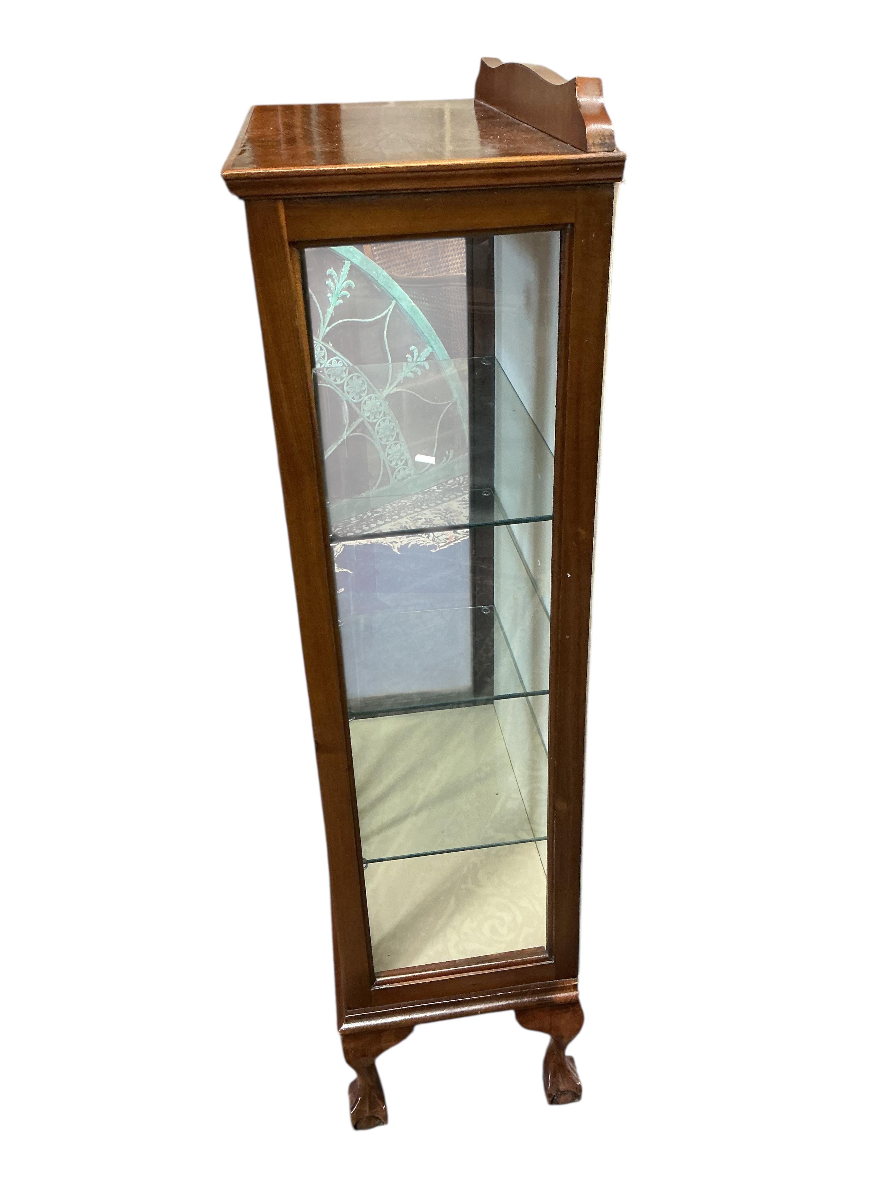 An early 20th century walnut display cabinet, width 59cm, depth 30cm, height 120cm